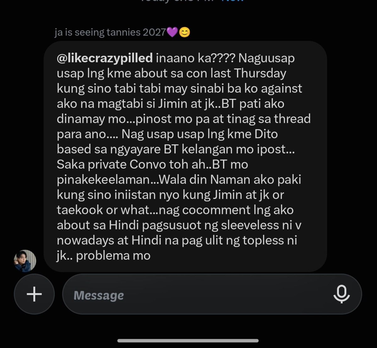 likecrazypilled's tweet photo. ang stupid naman, ja. you were part of the convo where people were shading jimin, and instead of calling them out, you just let it happen. now you’re bringing up private convos to defend yourself instead of addressing the actual issue 😭🙏 https://t.co/K44aHfvHzX