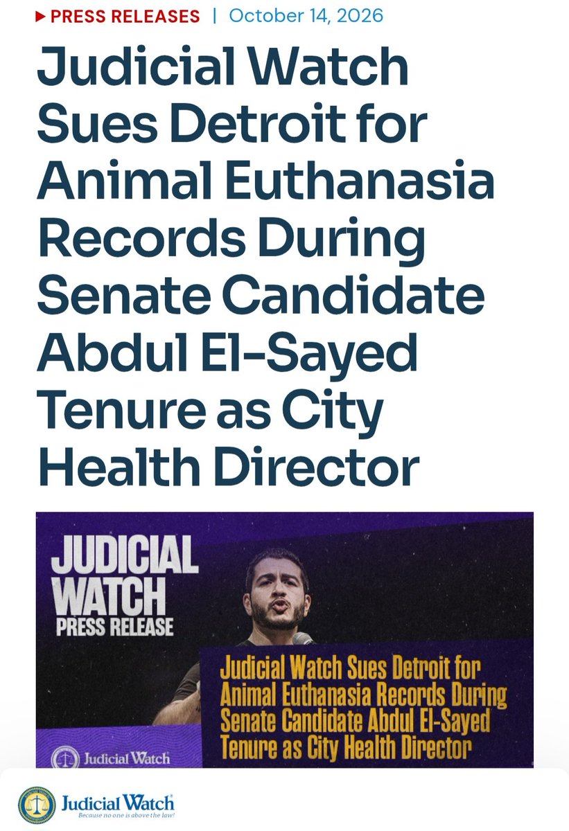 Susan_Dupres's tweet photo. NEW YORK TO MICHIGAN

First they came for the carriage horses ... then they came for your dogs.

Oct. 23, 2026

Judicial Watch Sues Detroit for Animal Euthanasia Records During Senate Candidate Abdul El-Sayed Tenure as City Health Director

(Washington, DC) – Judicial Watch announced today that it filed a Michigan Freedom of Information Act (FOIA) lawsuit against the City of Detroit for records documenting the number of dogs and cats euthanized by Detroit Animal Care and Control when then-Detroit Health Director Abdul El-Sayed oversaw the city agency (Judicial Watch, Inc. v. City of Detroit (No. 26-018170)). The request also seeks records about euthanized animals after El-Sayed’s tenure for comparison purposes.

El-Sayed, who served as Detroit’s health director before entering politics, is the Democratic nominee for U.S. Senate in Michigan.

The lawsuit was filed after the City of Detroit failed to respond to an August 14, 2026, Judicial Watch FOIA request to the City of Detroit Law Department for:

Records reflecting the number of dogs and cats euthanized by Detroit Animal Care and Control from 2010 through 2025 on an annual basis.
All directives, memoranda, and protocols received by Detroit Animal Care and Control from the Office of Detroit Health Director Abdul El-Sayed from January 2015 through December 2017 relating to euthanasia of dogs and/or cats.
Judicial Watch sent a follow-up letter inquiring about the status of the request on October 7, 2026. The city provided no substantive response to the FOIA request or the follow-up letter.

El-Sayed served as executive director and health officer of the Detroit Health Department from 2015 until 2017. According to a Daily Mail report, nearly 4,680 dogs and cats were euthanized by Detroit Animal Care and Control during his tenure.

According to that same report, former animal control officer Brittany Roberts described the agency as a “dog slaughterhouse” and alleged unsanitary conditions, inadequate animal care, and failures to scan animals for microchips before they were euthanized. The city settled her whistleblower lawsuit for $63,000 in 2016.

“The public deserves answers about Detroit’s animal euthanasia practices during El-Sayed’s tenure,” said Judicial Watch President Tom Fitton. “With an election approaching, Detroit should stop stonewalling and disclose these records so voters can examine the facts for themselves.”

Judicial Watch is being represented in this case by Robert Muise of The Muise Law Group in Ann Arbor, Michigan.

@trentloos

Post by Tom Fitton + LISTEN: