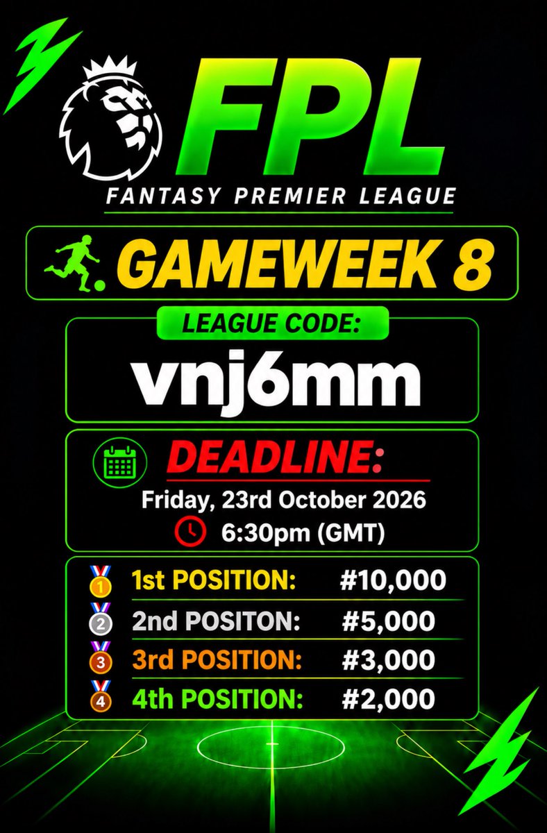 obarotlkstactic's tweet photo. ⌛️ FPL Gameweek 8️⃣ is upon us 🔥 

⚠️ Remember to drop your Team Name in the comment section before the Deadline 📝

🚨 Make sure you Retweet ♻️ to  participate

🔔 Turn on notifications

👉🏾 Gameweek 8️⃣ league link: https://t.co/lukrbzvMAK…

#fpl #fantasy #mufc #premierleague https://t.co/9YXmcvGqKq