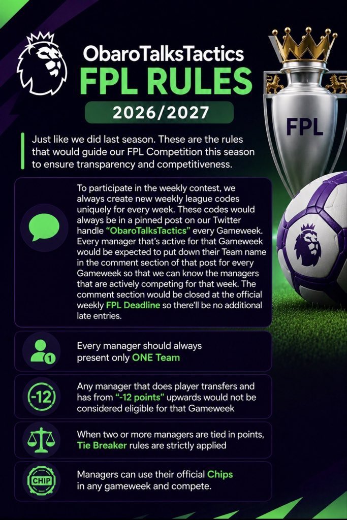 obarotlkstactic's tweet photo. ⌛️ FPL Gameweek 8️⃣ is upon us 🔥 

⚠️ Remember to drop your Team Name in the comment section before the Deadline 📝

🚨 Make sure you Retweet ♻️ to  participate

🔔 Turn on notifications

👉🏾 Gameweek 8️⃣ league link: https://t.co/lukrbzvMAK…

#fpl #fantasy #mufc #premierleague https://t.co/9YXmcvGqKq