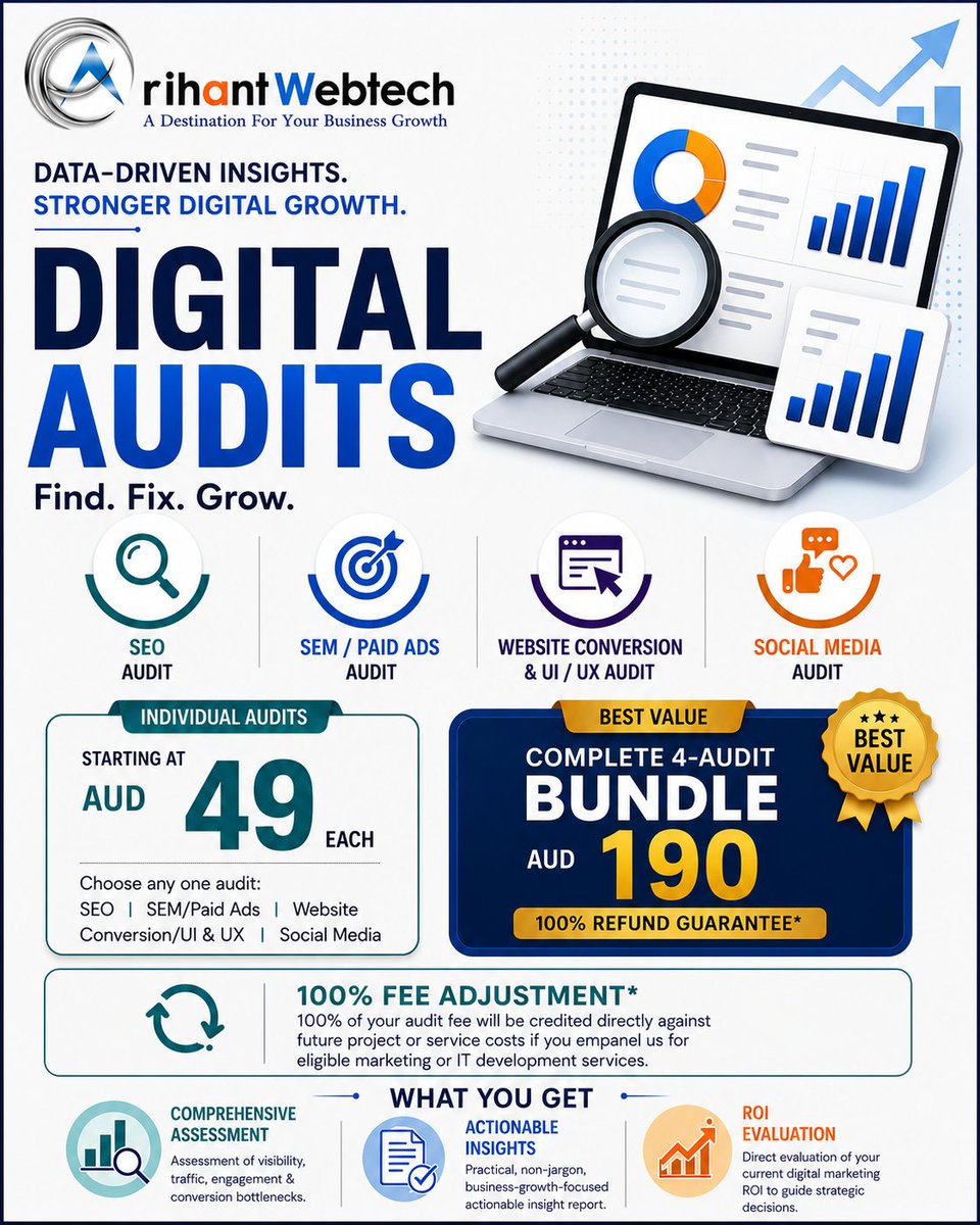 arihantwebtech's tweet photo. 📊 Find. Fix. Grow! 🚀 Boost your digital performance with Arihant Webtech’s audits for SEO, paid ads, website UX & social media.
🔥 Individual audits from AUD 49 | 4-audit bundle for AUD 190.
🌐 https://t.co/hqabTVHysj
#ArihantWebtech #DigitalAudit #SEO #DigitalMarketing https://t.co/JDM08ODRPx