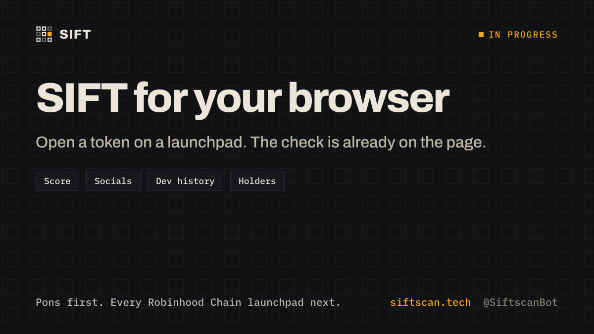 SiftscanBot's tweet photo. Next for SIFT: a browser extension.

Open a token on Pons and the SIFT check shows up right on the page. Score, socials, dev history, no tab switching.

Pons first. Built to work with every launchpad on Robinhood Chain we track. https://t.co/P2lzJn0awZ