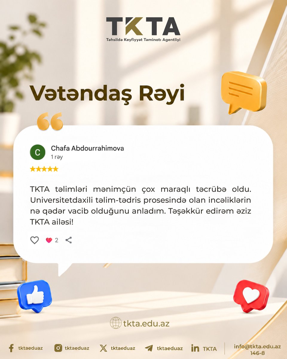 tktaeduaz's tweet photo. Vətəndaş məmnunluğu prioritetimizdir!
#TəhsildəKeyfiyyətTəminatıAgentliyi
#TKTA
#ETN
#Vətəndaşrəyi
#vətəndaşməmnuniyyəti
#keyfiyyətlixidmət
#operativxidmət
#şəffaflıq https://t.co/OMO0tkDYXB