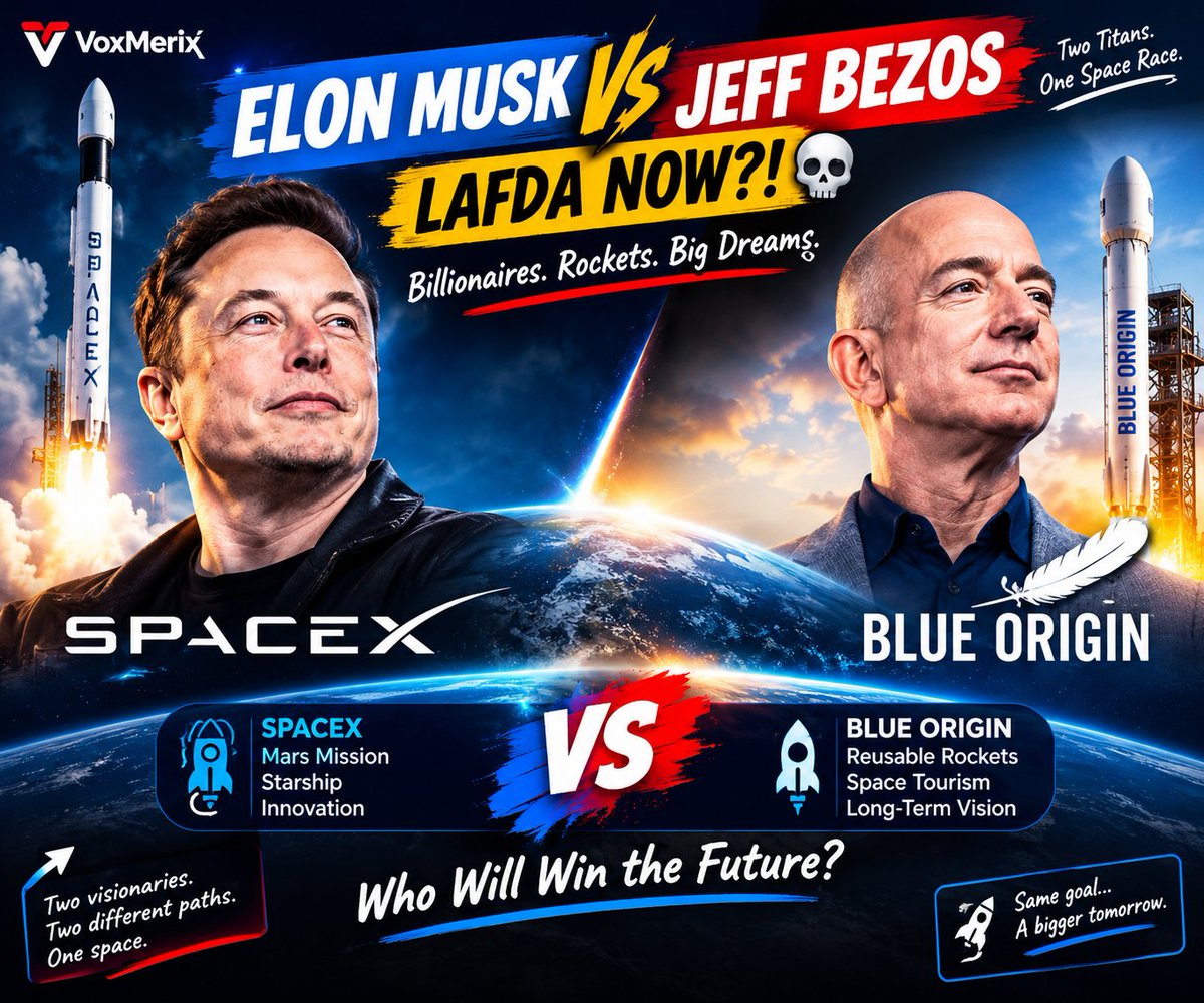 voxmerix's tweet photo. 🚀 Elon Musk vs Jeff Bezos: Space Race Showdown! 🌎🔥

#ElonMusk #JeffBezos #SpaceX #BlueOrigin #TechNews #VoxMerix https://t.co/Kdk2NITK8X
