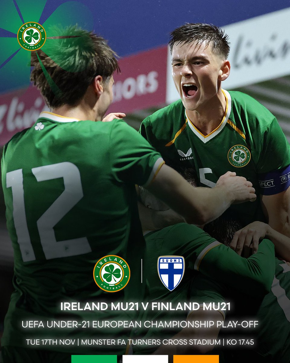 IrelandFootball's tweet photo. Heading back to Cork 💚  

Ireland MU21s will play the home leg of their U21 EURO Play-Off against Finland on Tue, Nov 17 at the Munster FA Turners Cross Stadium 🇮🇪  

📺🎟️ Both legs will be shown on @VMSportIE  tickets on sale next week   

More info 👉 https://t.co/YEbYjovvZC https://t.co/n0RhGEwyGp