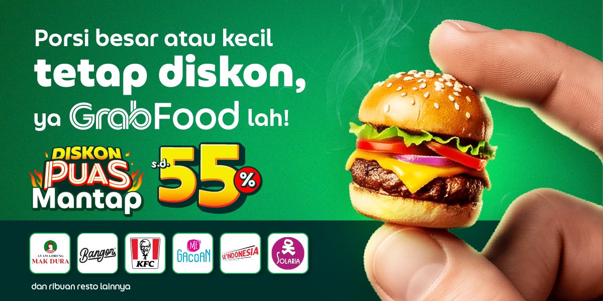 GrabID's tweet photo. Well well well, makin menyala jadi smart spender kalau jajan bisa tetap hemat. 😌💸

Soalnya ada Diskon Puas Mantap sampai 55% tiap hari di GrabFood. Porsi besar? Porsi kecl? Bukan masalah, soalnya ada bisa jajan dengan no min. order. 🤤 🍕

Cek di sini 👉🏻 https://t.co/T0G6y6UTsy https://t.co/IP9jHjJXah