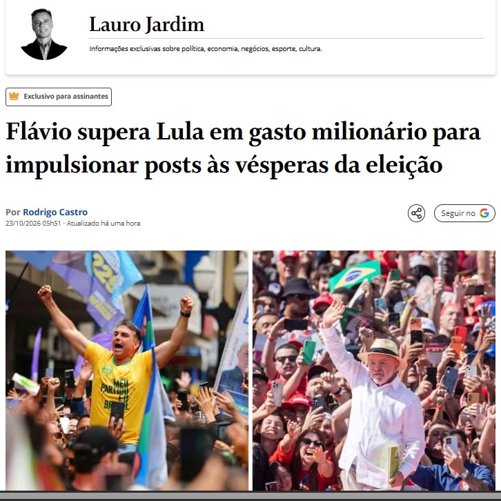 LagSignal's tweet photo. LAURO TENTA ATACAR FLÁVIO E ENTREGA LULA

Por: Mooska - @LagSignal 

A manchete de Lauro Jardim no Globo foi desenhada para criar um escândalo artificial contra Flávio Bolsonaro, mas o tiro saiu pela culatra e acertou em cheio o coração da campanha petista.

Ao tentar criminalizar o investimento legítimo de Flávio nas redes sociais nesta reta final, o colunista acabou deixando escapar o verdadeiro furo da matéria, escondido no meio do texto: Lula gastou 6,8 milhões de reais em anúncios na @Meta nos últimos trinta dias, um valor superior ao que a sua própria campanha declarou à @TSEjusbr até o momento.

Leiam de novo com atenção.

A campanha de Flávio Bolsonaro prestou contas de forma cristalina ao TSE, registrando todas as transferências bancárias oficiais destinadas ao impulsionamento legal de seus conteúdos. 
Do lado de lá, a plataforma da Meta registra um gasto milionário de @LulaOficial que simplesmente não fecha com a contabilidade entregue ao tribunal. 
Onde está a prestação de contas integral dessa dinheirama petista?

A narrativa de "gasto milionário desproporcional" rui com a frieza da aritmética básica:

Nos últimos trinta dias, Flávio investiu 7,3 milhões de reais nas redes, contra 6,8 milhões de reais despejados pela campanha de Lula. 
Trata se de um volume rigorosamente equivalente para o tamanho de uma eleição presidencial e o maior partido brasileiro para o segundo turno. 
A diferença real é que a oposição joga às claras, registrando cada centavo na Justiça, enquanto o governismo tenta esconder o volume real de recursos enquanto usufrui, por fora, de toda a máquina de propaganda da Secom e dos ministérios.

O incômodo da velha imprensa não tem relação com o dinheiro. 
O incômodo é com o alcance da mensagem.

Dói na redação ver os vídeos de Flávio ao lado de @gusttavo_lima, as propostas concretas para zerar as filas dos hospitais e os cortes do debate da Band viralizando e quebrando o monopólio da narrativa oficial. 
Quando o PT impulsiona o famigerado "zap do Lula" ou faz propaganda velada da máquina federal, o colunista acha natural. 
Quando a oposição ocupa o espaço digital com vigor e competência, a imprensa corre para tentar enquadrar o conteúdo como infração eleitoral.

O desespero do consórcio no dia do debate da @tvglobo é sintoma de pânico. 
Eles sabem que o povo não depende mais da permissão de colunistas para acessar a verdade.

"A transparência da oposição incomoda quem se acostumou a operar no submundo da contabilidade criativa."

Zumm...

#TransparenciaEleitoral #FlavioBolsonaroPresidente #DebateNaGlobo #LauroJardim #Eleicoes2026 #DesesperoDaVelhaMidia