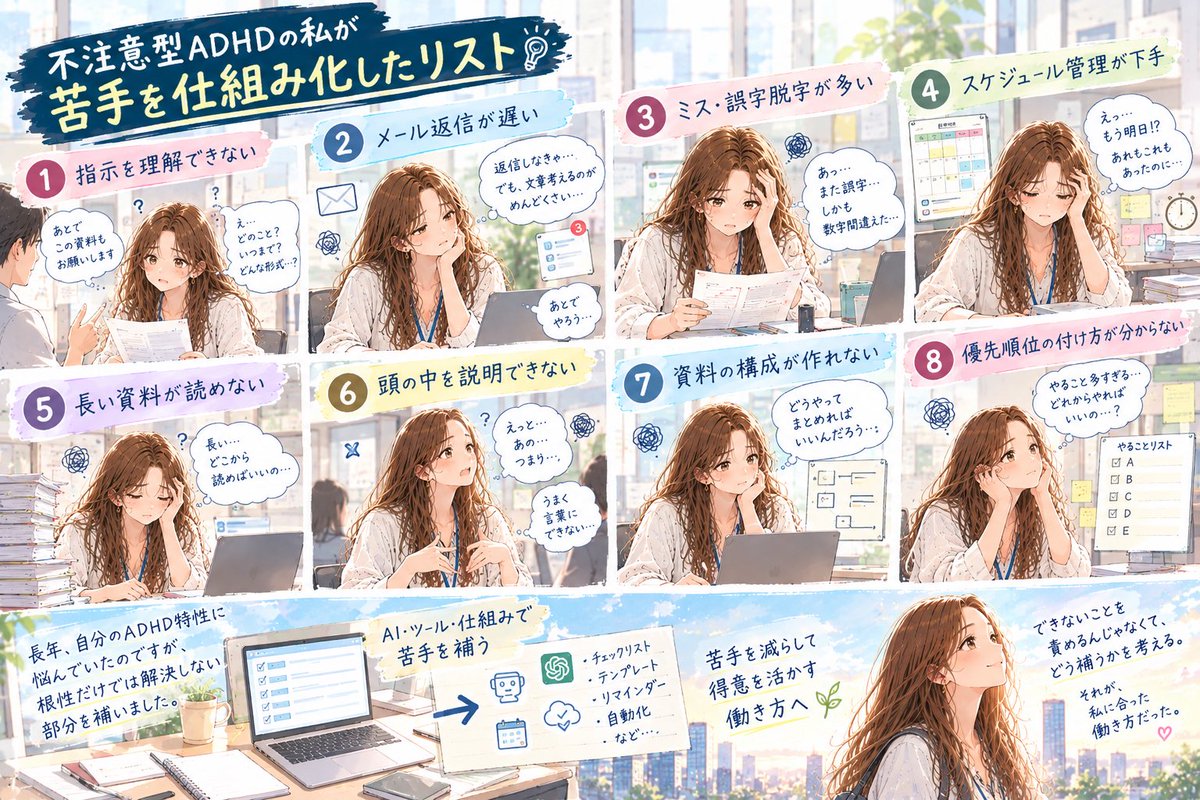 ADHD_REILA's tweet photo. 不注意型ADHDの私が苦手を仕組み化したリスト

① 指示を理解できない
② メール返信が遅い
③ ミス・誤字脱字が多い
④ スケジュール管理が下手
⑤ 長い資料が読めない
⑥ 頭の中を説明できない
⑦ 資料の構成が作れない
⑧ 優先順位の付け方が分からない

長年、自分のADHD特性に悩んでいたのですが、
根性だけでは解決しない部分を補いました。