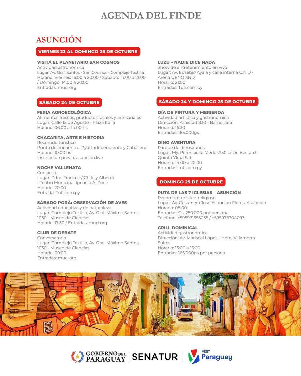 Senatur_Py's tweet photo. 🇵🇾✨ El finde se disfruta en Paraguay, te invitamos a descubrir una agenda llena de actividades para todos los gustos.

🌎 ¡Elegí tu próximo plan, recorré nuestros destinos y disfrutá de todo lo que Paraguay tiene para ofrecer!

📲 Deslizá y conocé la agenda completa. https://t.co/GOZQx8FlBr