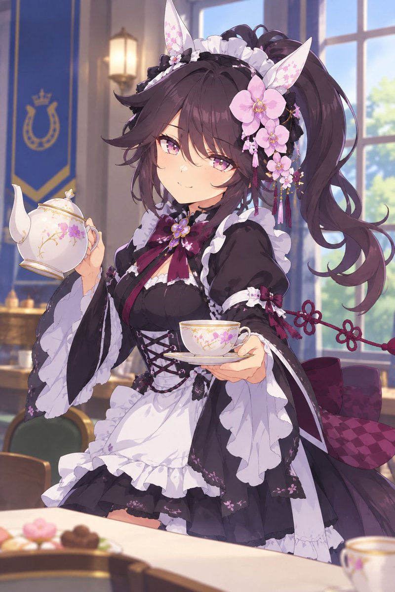 Eudjak's tweet photo. 「このポーズ、決まってるでしょ？」小悪魔ドヤ顔のファレノプシス♪

#ウマ娘 #ファレノプシス #ゴシックメイド #メイド服 #ドヤ顔 #小悪魔スマイル #写真撮影 #UmaMusume #Phalaenopsis #GothicMaid #MaidOutfit #AnimeArt #PhotoShoot https://t.co/36ZpKpoh51