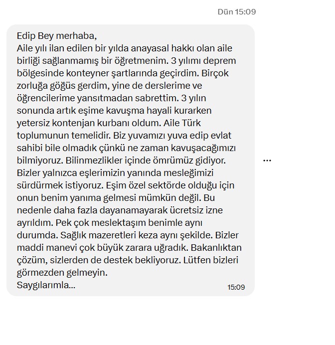 edipuzen's tweet photo. Öğretmenlere bir yol bulunmalı... 

Mazeret ataması bekleyen öğretmenlerden gelen mesajların sadece birkaçı bunlar.

Eşinden, çocuğundan yıllardır ayrı yaşayan öğretmenler çözüm bekliyor. İki kira, ücretsiz izin, ertelenen evlat hayalleri...  Bakanlık bu öğretmenlere bir yol bulmalı.