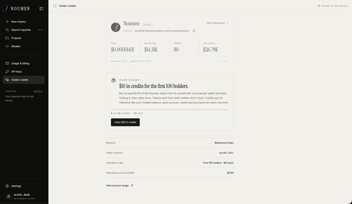 NoumenLabs's tweet photo. How to claim:
1. Sign in with the wallet you bought $NOUMEN with.
2. Open Holder credits and press "Claim $10 in credits".
3. We verify the purchase and that you still hold $NOUMEN at least $1.

Claim now: https://t.co/xRkcWhle3R

One claim per account, wallet and purchase. Tokens sent from other wallets don't count.