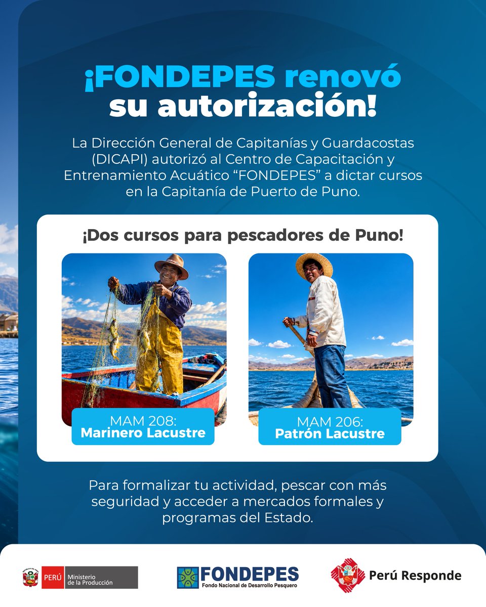 FONDEPES's tweet photo. 🐟 ¡FONDEPES impulsa la formalización de los pescadores artesanales de Puno!

🇵🇪 PRODUCE, a través de FONDEPES, fortalece las competencias y la seguridad en la pesca artesanal del lago Titicaca mediante los cursos de Patrón y marinero Lacustre. https://t.co/KW2qL70Cy0