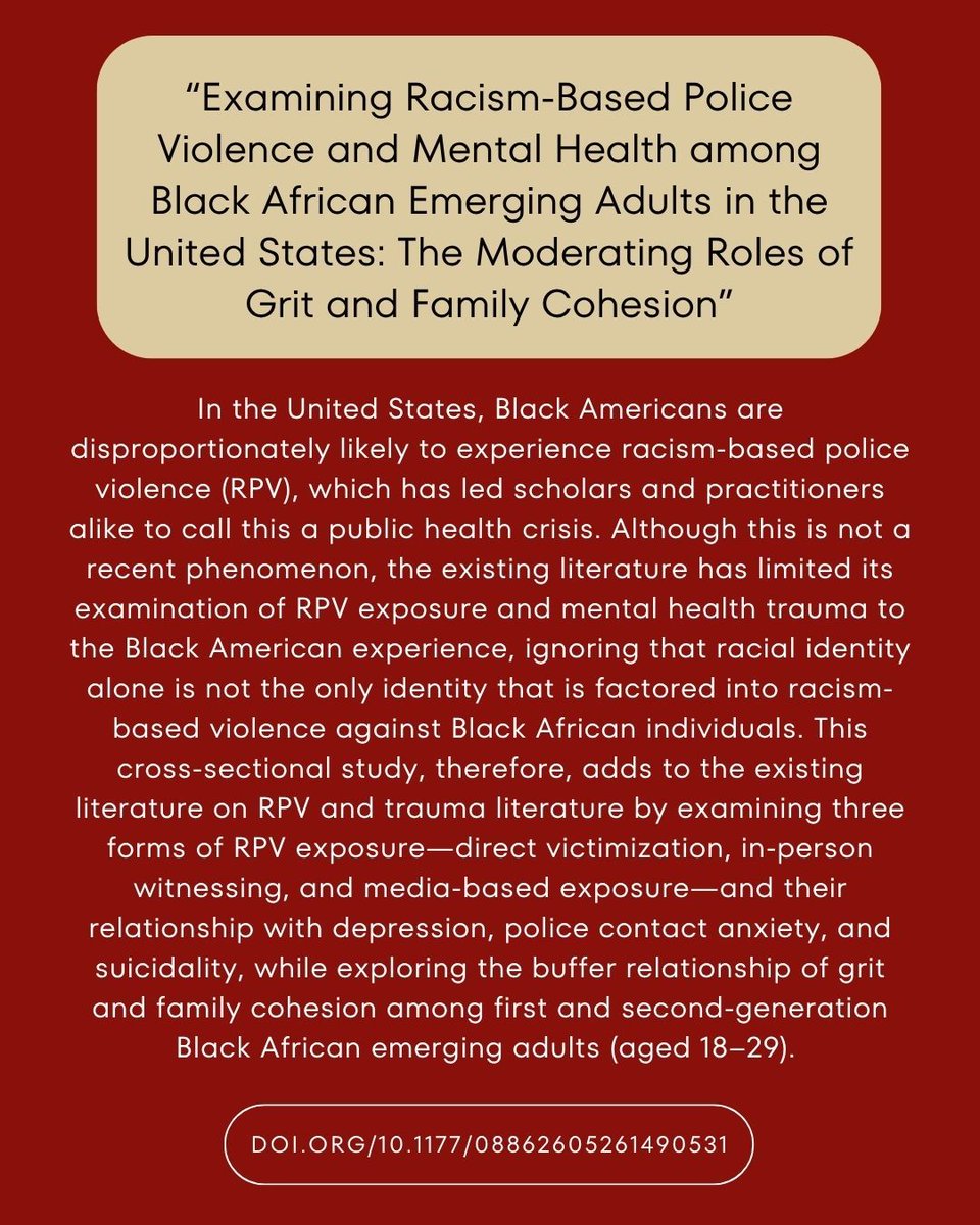 RBVIP_lab's tweet photo. Check out our new publication, "Examining Racism-Based Police Violence and Mental Health among Black African Emerging Adults in the United States: The Moderating Roles of Grit and Family Cohesion"

To read the full publication, click here: https://t.co/XVi3fgOnhJ https://t.co/LhDwRyoNxq