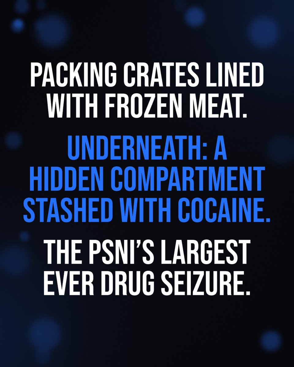 UKCopHumour's tweet photo. 𝗖𝗼𝗹𝗱 𝗖𝘂𝘁𝘀
Over £10 million of cocaine found under a layer of frozen meat in the PSNI's largest ever drug seizure

On 11 December 2023, police in Northern Ireland stopped a van as it pulled away from a Dutch-registered articulated lorry in Jonesborough, South Armagh.

They searched the lorry. At the back was a purpose-built hide: packing crates "lined with frozen meat products". Under that top layer sat a hidden compartment stashed with packages of cocaine.

Estimated street value: over £10 million. The PSNI calls it the "largest ever drug seizure by the Police Service of Northern Ireland".

The van driver, a 41-year-old man from Armagh, pleaded guilty to possession of cocaine with intent to supply. Today, 23 October, at Newry Crown Court, he was sentenced to six years, half in custody and half on licence.

Detective Inspector Conor Sweeney said "a massive amount of cocaine was prevented from reaching Northern Ireland’s streets and neighbourhoods."

Over £10 million of cocaine, and the criminal masterplan was... a layer of frozen meat. 🥩 Not so much a cunning disguise as a mixed grill with extras! Six years to cook up something better. 🤦🏻‍♂️

[Credit: @policeserviceni]
#PSNI #NorthernIreland