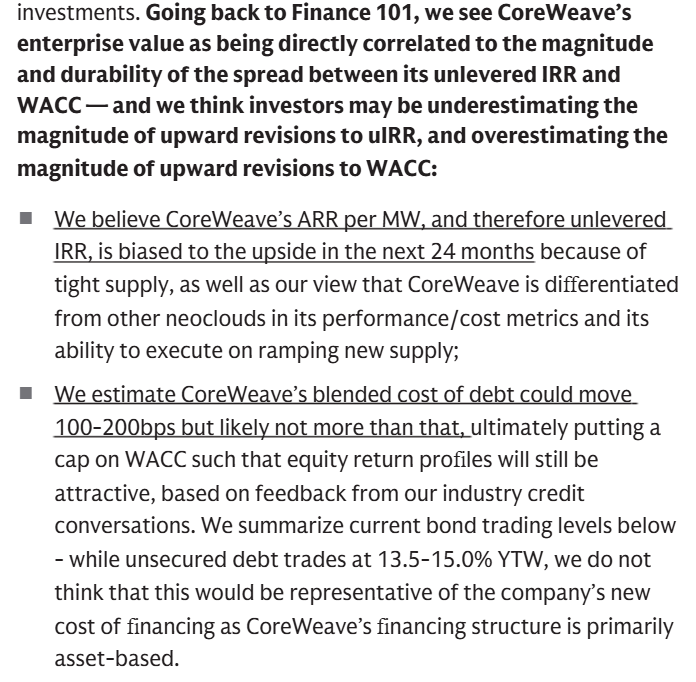 nerdalert's tweet photo. I was talking with @HenryInvests this morning about the market's concerns around debt funding the AI buildout. I literally called it Finance 101 that these companies should be using debt to lever their equity returns. The market is freaking out about one of the most basic tenets of finance.

Goldman posted this note about $CRWV this morning, sounds like we weren't the only ones to notice the obvious!