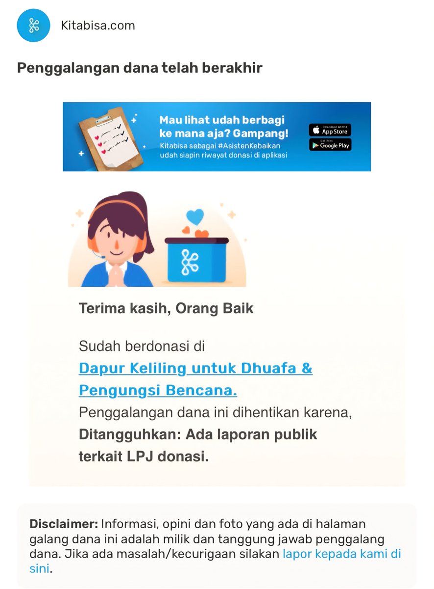 kitabisacom's tweet photo. Haloo kak, makasih yaa buat concern nyaa 😊

Sebagai sebuah platform publik, kami mendengar berbagai masukan dan memutuskan untuk sementara menutup campaign https://t.co/Mkw4hLJeEu sembari menjalin komunikasi dengan pihak Sisters in Danger.

Mimin berharap semua proses bisa berjalan baik-baik 💙