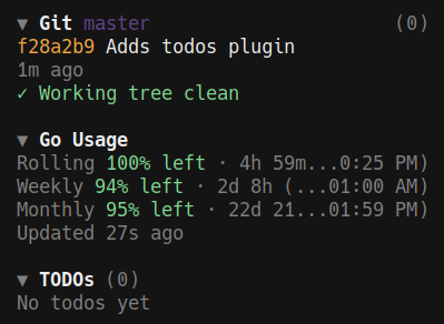 hlfernandez's tweet photo. I ended up creating two more plugins: one to display go suscription usage and other for managing a TODOs list #OpenCode #10x https://t.co/6ar5PAmsDa