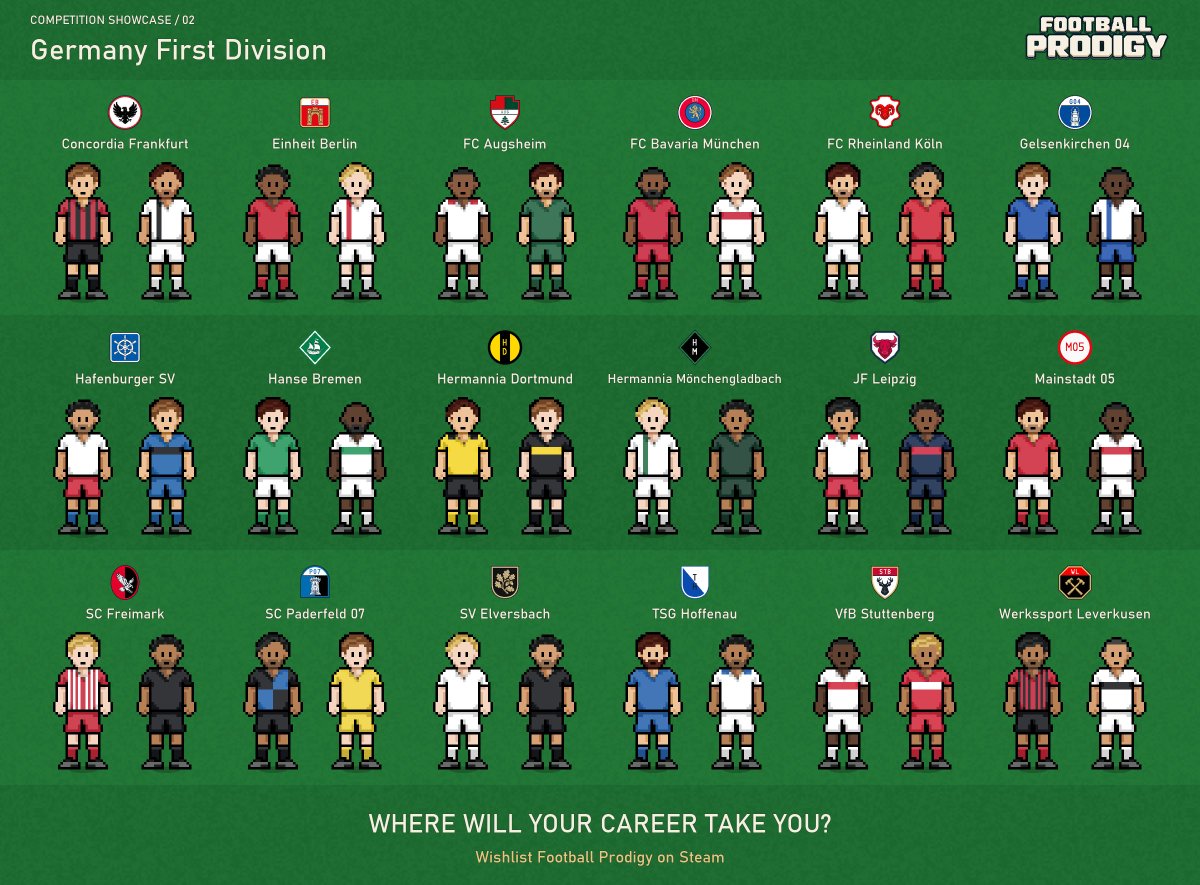 basoner_dev's tweet photo. Football Prodigy Competition Showcase 02: Germany First Division

We are on to our second competition showcase, and it's time to visit Germany and its top division! The database of Football Prodigy includes fictional clubs, but I want their colours and character to give you that familiar feeling of spotting a team you connect with. 

What competition do you want to see next? 

Wishlist Football Prodigy on Steam!
https://t.co/nto19IzeDd