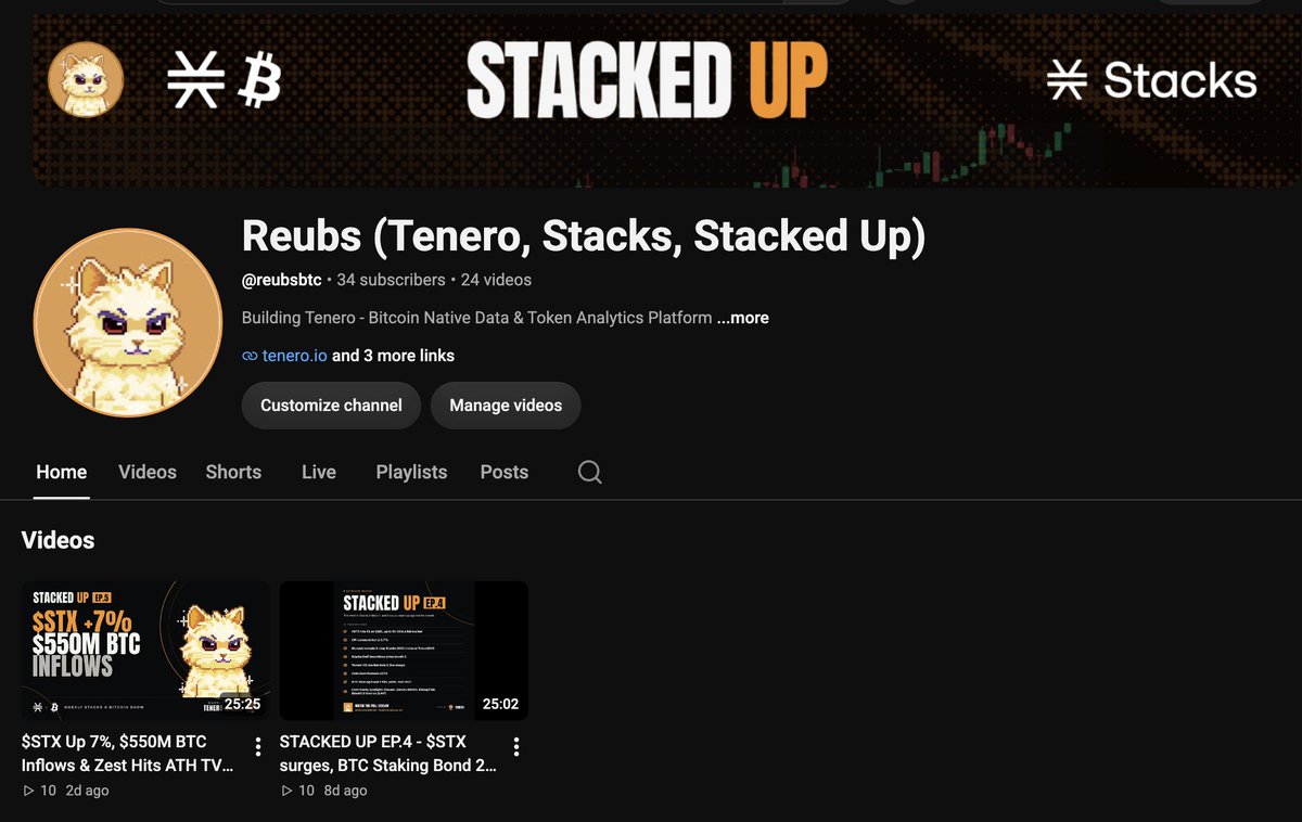 reubs_btc's tweet photo. I've started posting @StackedUpStream on YouTube!

Full weekly episodes + shorts covering the crypto market, $STX & $BTC price action, DeFi, NFTs and @tenero_io data

One clip already hit 100 views on a brand new channel which I'm happy with!

If you want a weekly Stacks catch-up, please subscribe and check it out 👇
https://t.co/XP9jV2RMa6

More exposure for @Stacks & $STX 🟧
