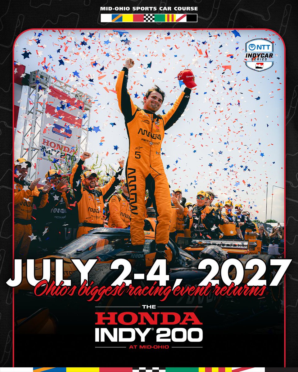 Mid_Ohio's tweet photo. We went ahead and made your Fourth of July plans for you 🇺🇸

@IndyCar returns to Mid-Ohio Sports Car Course for The Honda Indy 200 at Mid-Ohio: July 2-4, 2027

Learn more: https://t.co/3GXX8dn1xG

#Honda200 https://t.co/ht7Q9oaC32