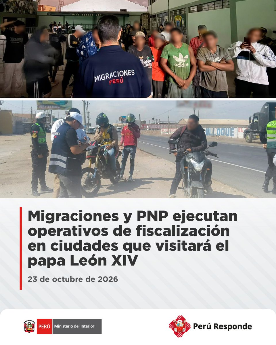 MininterPeru's tweet photo. 🚨 ¡Reforzamos el control migratorio ante la próxima visita del papa León XIV!

👮‍♂️ Con el objetivo de prevenir riesgos y fortalecer la seguridad y el orden interno durante la visita del sumo pontífice, @MigracionesPe y la @Policia_Peruana realizaron operativos de verificación y fiscalización migratoria en Chiclayo, Trujillo y Cusco.

🇵🇪 Estas acciones forman parte del despliegue del #ComandoUnificado en las ciudades que integrarán el recorrido papal.

#PerúResponde #ElPapaVuelveACasa

🗞️ Nota de prensa: https://t.co/13j6qwA64R