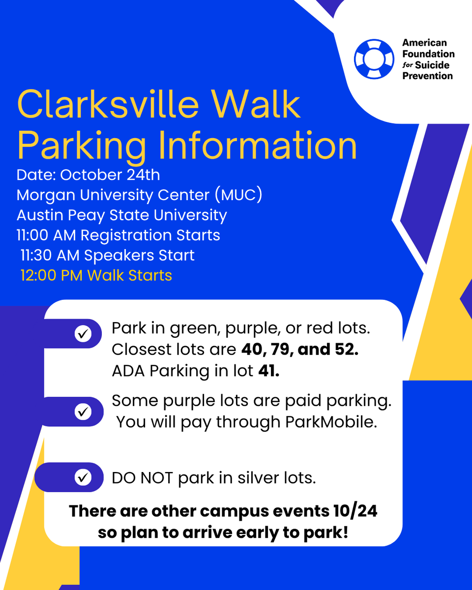 AFSPTN's tweet photo. Parking information for our Clarksville Out of the Darkness Walk this Saturday (TOMORROW)! Can't wait to see you there! https://t.co/VM7il5FWiu
