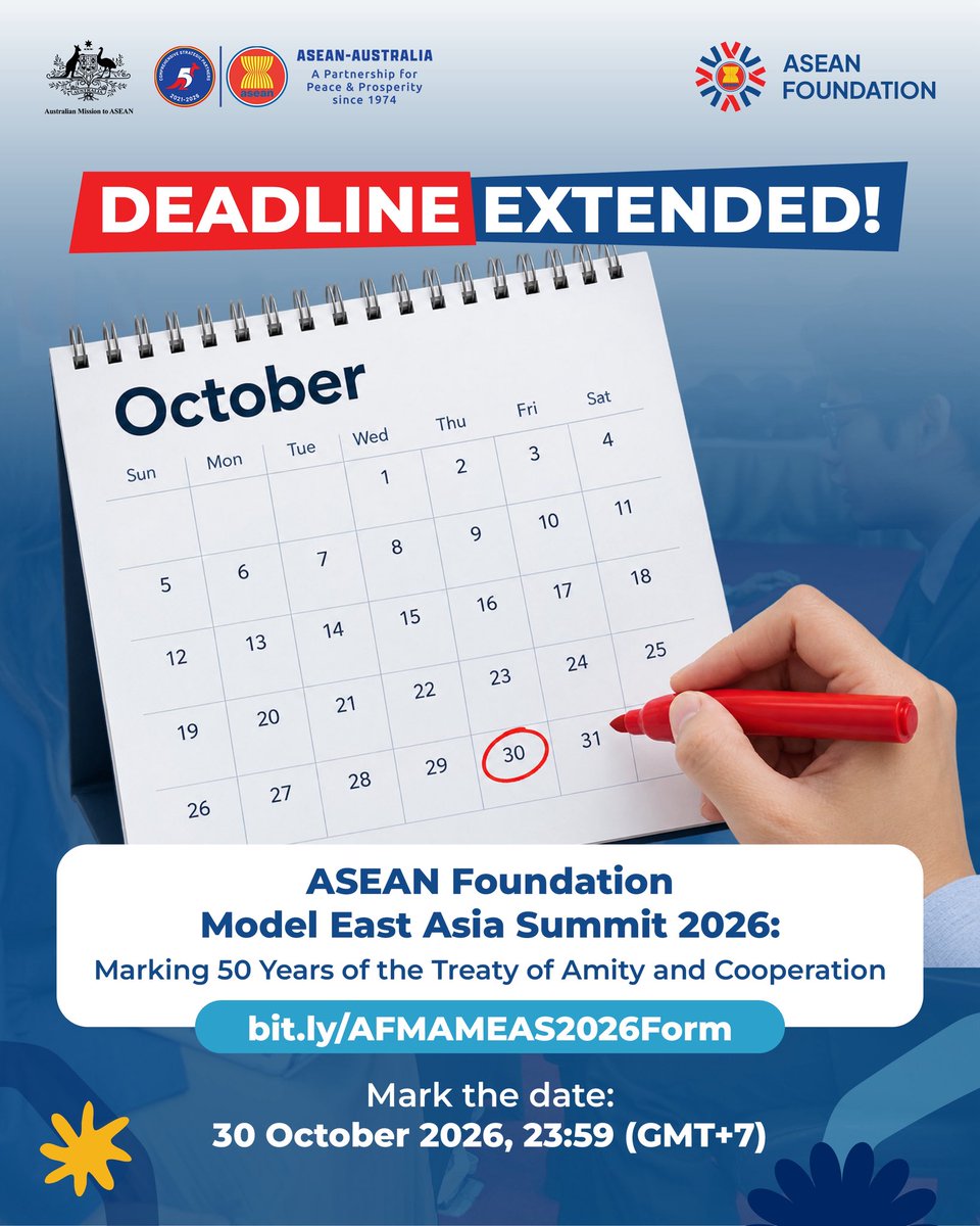 aseanfoundation's tweet photo. We know what you really, really want! 👀💥

Now, you've got more time to claim your seat at #AFMAMEAS2026!

The application deadline has officially been extended to 30 October 2026. 📅 https://t.co/V9WZRmmpsL