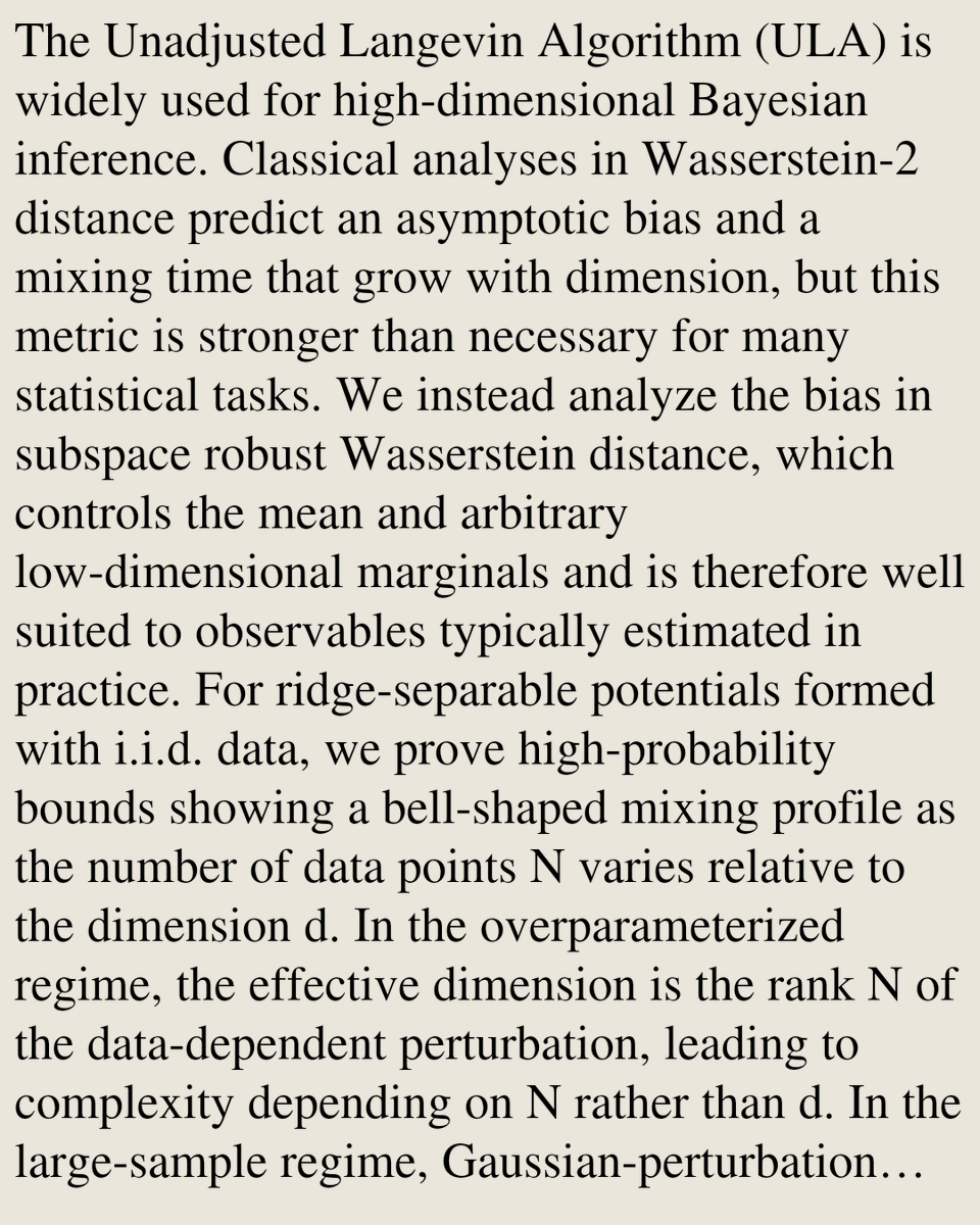 StatsPapers's tweet photo. Dimension-free regimes for unadjusted Langevin in ridge-separable models: A subspace robust Wasserstein analysis

Yuansi Chen, Francesco Pedrotti, Peter A. Whalley
https://t.co/yjccnBW5TL [𝚜𝚝𝚊𝚝.𝙼𝙻 𝚌𝚜.𝙻𝙶 𝚖𝚊𝚝𝚑.𝙿𝚁 𝚖𝚊𝚝𝚑.𝚂𝚃 𝚜𝚝𝚊𝚝.𝙲𝙾] https://t.co/OqOBmPGl3Y