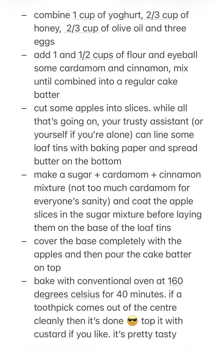 amity_712's tweet photo. my dear friend and i (kind of) made up a new cake recipe together!! ٩(ˊᗜˋ )و

it’s an apple cinnamon and cardamom cake!! it was so super tasty hehe we decided that we’d love to share the recipe too so if you’re inclined to try it then here it is!! ⸜(｡˃ ᵕ ˂ )⸝♡ https://t.co/kSGyeoTOYi