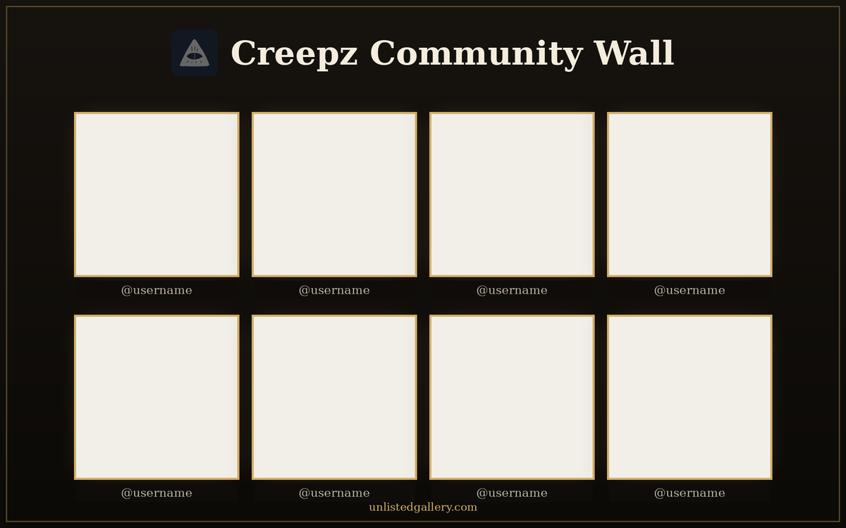 unlistedgallery's tweet photo. New community wall!

@creepz holders now have their own wall to show of the community and art.

There is only 8 slots.

Be quick if you want yours there! https://t.co/3gNVfr63qq