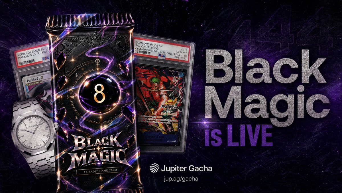jupiter_trade's tweet photo. BREAKING:     

New Gacha pack just dropped and this time we got you all covered! 

You want a 100x but you're not sure if you want a luxury timepiece, One Piece Grail or Pokemon Grail?

Black Magic $444 is now LIVE with grails in all these categories.

Let it rip. 🫵