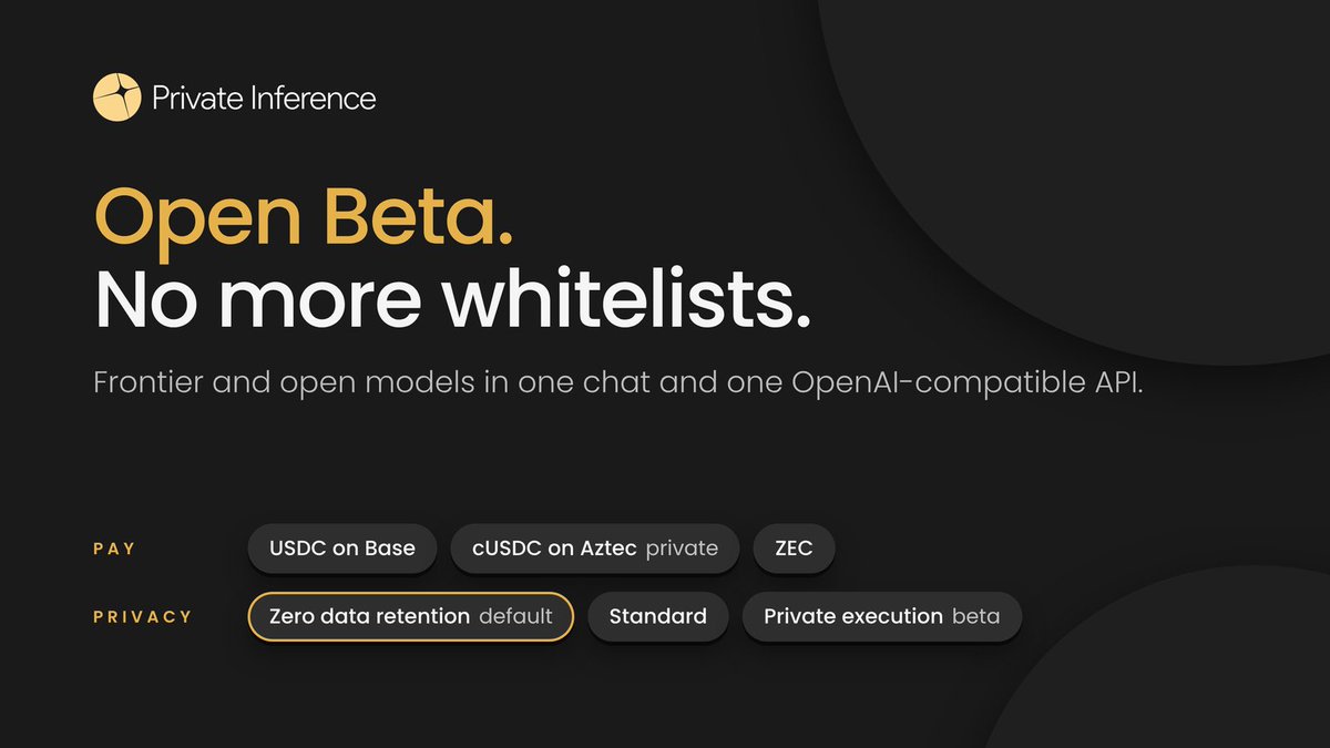 P_Inference's tweet photo. 🔓 Private Inference is now in Open Beta

No more whitelists - login now at https://t.co/HZDe589LmL

🧠 Frontier and open models side by side, in one chat and one OpenAI-compatible API. Fund a session once from your wallet. Each request is held at its maximum cost, and you pay only for what you actually use.

💸 Pay your way:
· USDC on Base
· cUSDC on Aztec, privately
· ZEC from any wallet
No model accounts, no cards, no monthly plans.

🔐 You decide how private each request is:
· Zero data retention, the default
· Standard routes, usually cheaper
· Private execution (beta): your browser encrypts the prompt to a model in an attested TEE and checks the attestation itself

🤝 Bring your friends. Your referral code sits at the top of every page, and friends you bring in earn you balance credit.

🚀 We ship every week: https://t.co/IZH04WjZlu