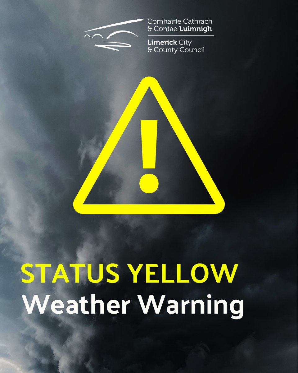 LimerickCouncil's tweet photo. ⚠️ Limerick City and County Council Prepares for Storm Boelo.

A Status Yellow Rain warning has been issued for Limerick from 04:00 Saturday 24/10/2026 to 15:00 Saturday 24/10/2026, while a Status Yellow Wind warning will come into effect from 13:00 Saturday 24/10/2026 to 12:00 Sunday 25/10/2026.

The Public are encouraged to stay informed and take simple precautions this Bank Holiday weekend.

🔗 More information: https://t.co/U9p2Kn8mam

#StormBoelo #Limerick