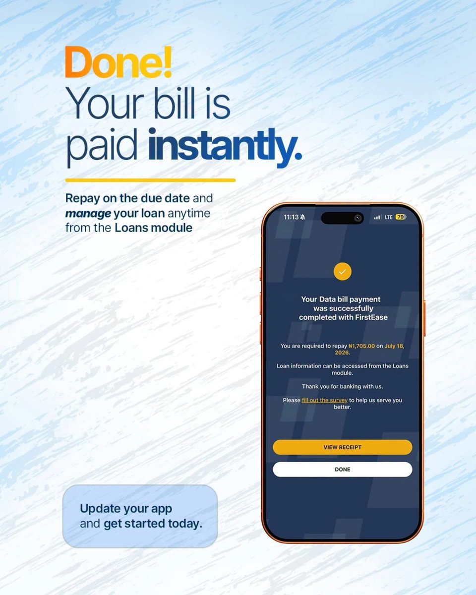 FirstBankngr's tweet photo. 2/2

How it works 👇

1. ​Select Pay Bills on FirstMobile &amp; toggle on Pay with FirstEase
2. ​Review your loan offer, accept terms &amp; enter your PIN
3. ​Bill paid instantly!

​Update your FirstMobile app to check eligibility today.

​T&amp;Cs apply.

​#FirstBank #FirstEase #FirstMobile https://t.co/nqNyLrstS1