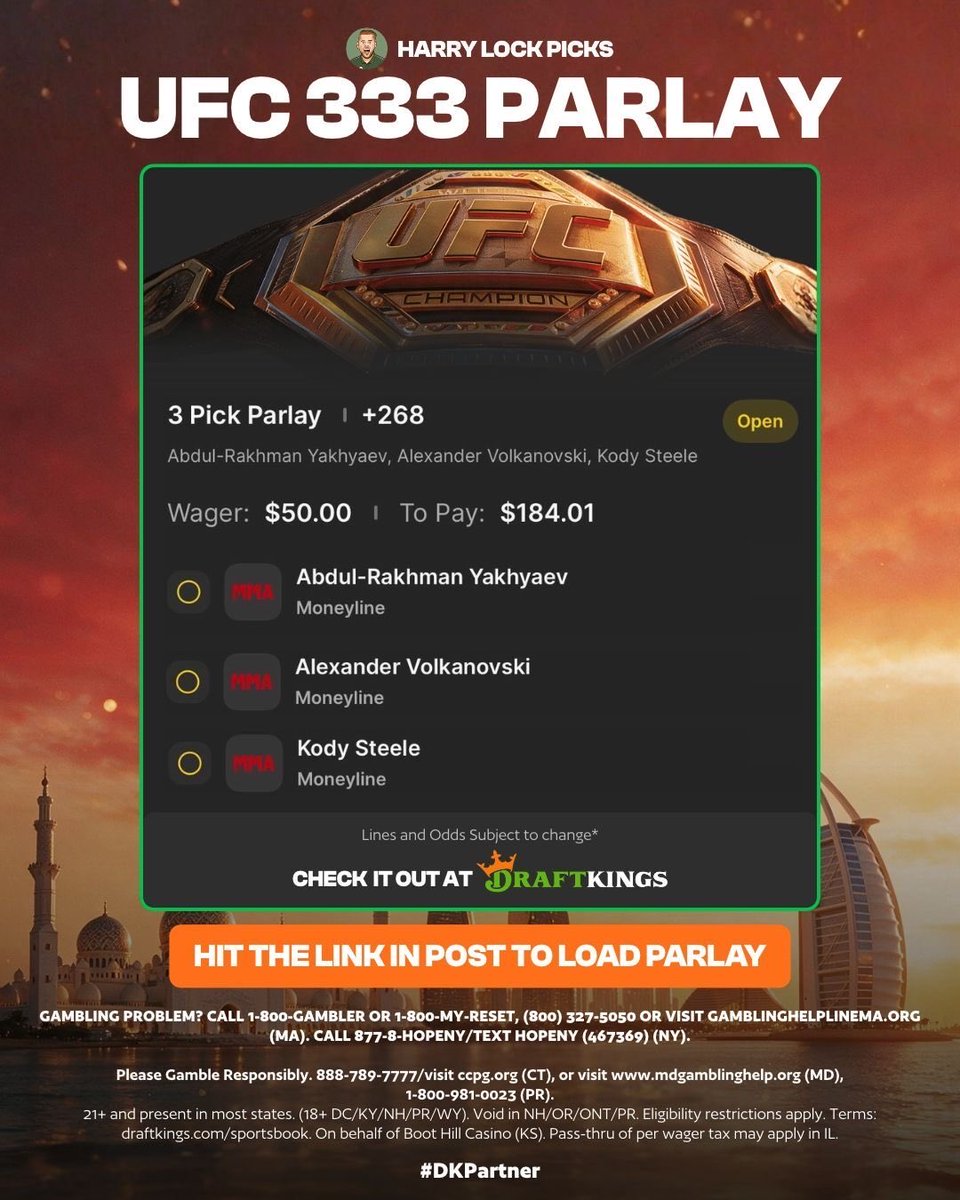 HarryLockPicks's tweet photo. 🥊 🇦🇪This UFC Parlay goes green in Abu Dhabi!

Tail here 👉🏼 https://t.co/XOtKeBTdZS

Three Moneyline picks to get us another UFC winner! 💰

📚 Research on the next slide.

21+ Only. https://t.co/KjM4mokagQ