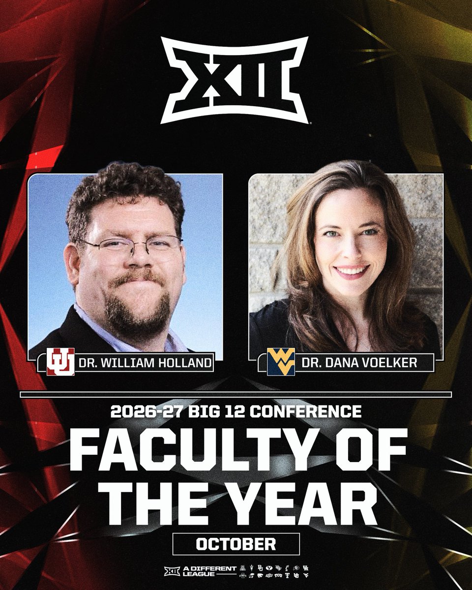 Big12Conference's tweet photo. 2026-27 Big 12 Faculty of the Year 📚

🌟 Dr. William Holland - @UUtah 
🌟 Dr. Dana Voelker - @WestVirginiaU https://t.co/myxqlu2XF6