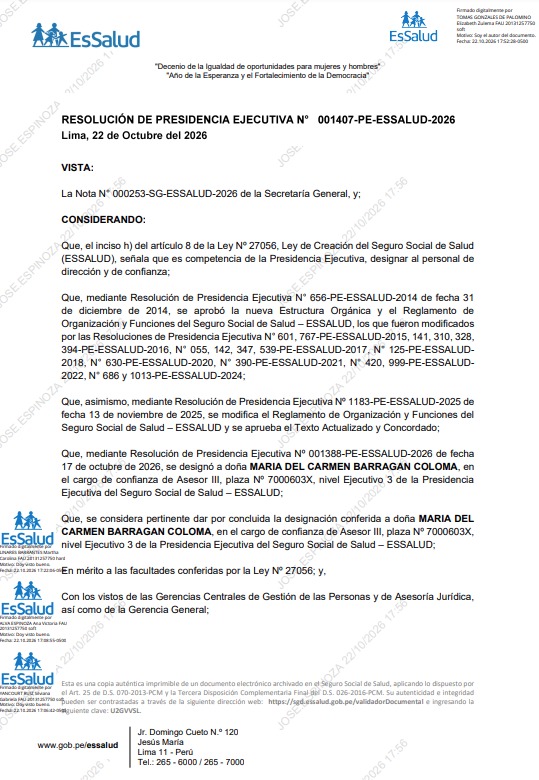 Latina_Noticias's tweet photo. 🔴#LOÚLTIMO EsSalud da por concluida la designación de María del Carmen Barragán Coloma, hermana del senador Barragán, como asesora de la Presidencia Ejecutiva de la institución. 

📌Más información en https://t.co/SN5IZYSswt https://t.co/ZaWrnskntG