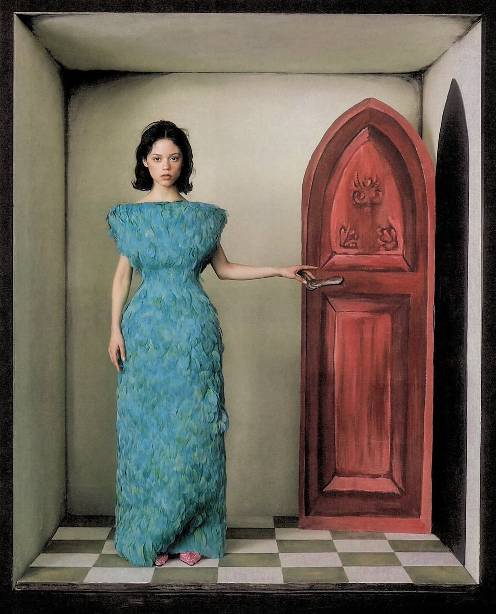 catalogging's tweet photo. jenna ortega wearing a balenciaga fw26 couture feather dress in turquoise for vogue magazine nov. 2026 issue https://t.co/663wcOz20u