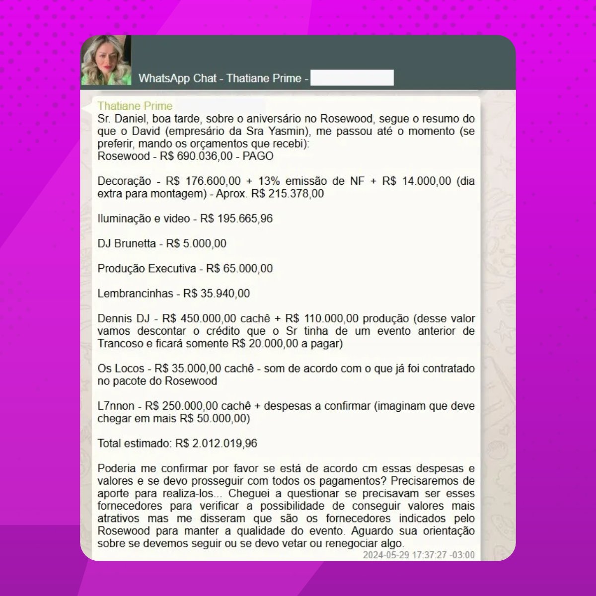 poptime's tweet photo. Daniel Vorcaro bancou festa de mais de 2 MILHÕES da ex-BBB Yasmin Brunet e chegou a reclamar dos "custos adicionais" alegando que "gastou demais", segundo PF. https://t.co/u1N7br8Cev