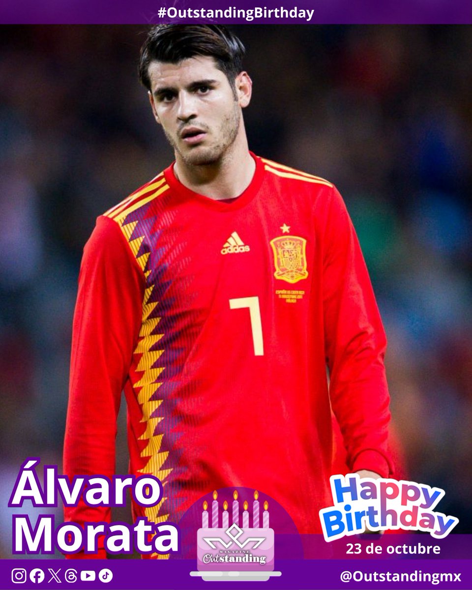 Outstandingmx's tweet photo. ¡Goleador, capitán y campeón de Europa! 🇪🇸🎯⚽

¡#OutstandingBirthday a Álvaro Morata! 🎂🥳

Un referente del área que ha vestido las camisetas más importantes del fútbol mundial y hoy firma los goles con el C. D. Leganés. 💥⚽

#OutstandingFutbolBirthday #ÁlvaroMorata #CDLeganés https://t.co/Ya1UEmFTWv
