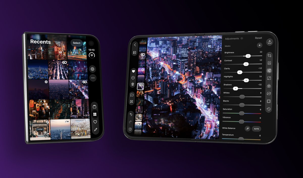 usedarkroom's tweet photo. Darkroom is now optimized for the iPhone Duo!

We've optimized the app in the various poses to take advantage of the screen and focus on specific workflows.

We're also releasing a massive package of performance improvements, bug fixes, and stability fixes. The app flies! Lots of before/afters in the release post below.
