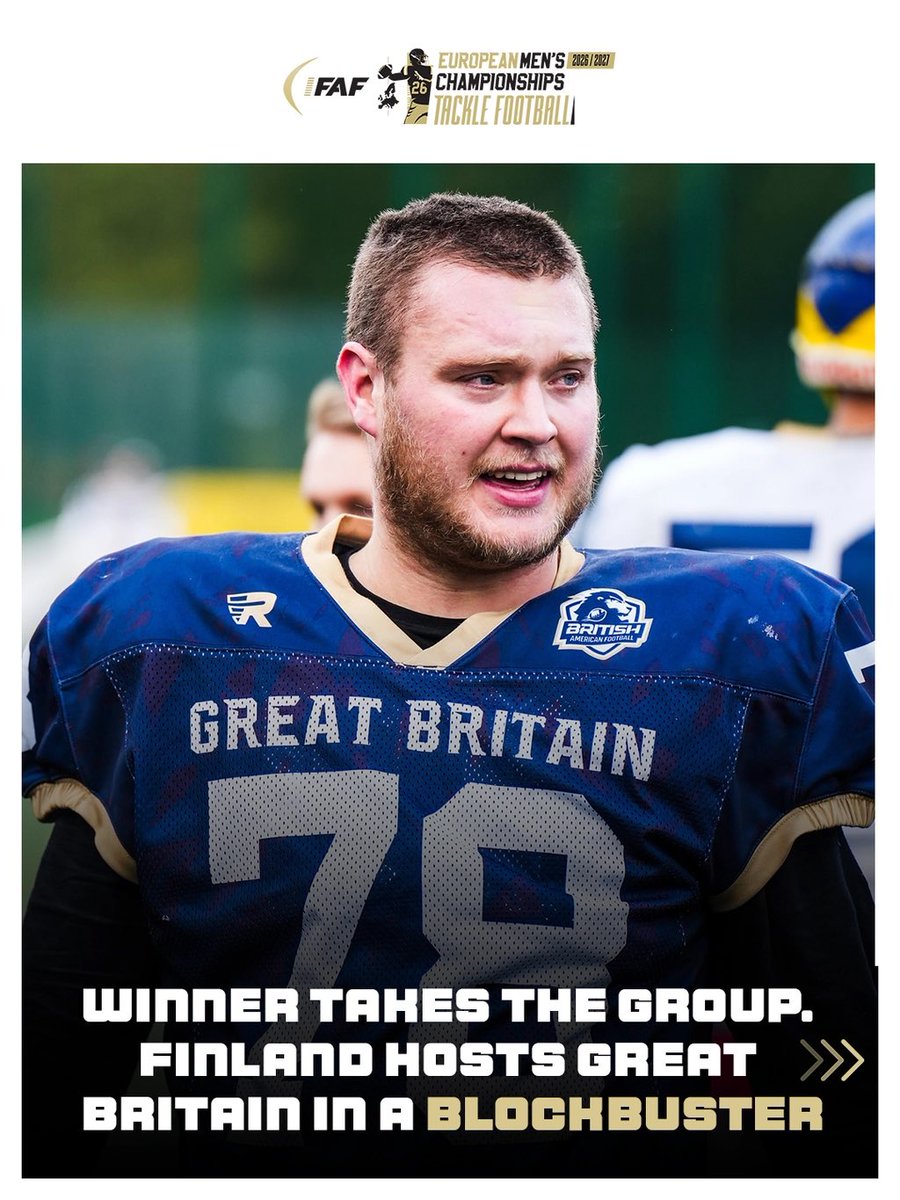 IFAFMedia's tweet photo. Watch live on IFAF YouTube. 📺 

Game Week 3 Preview: Finland 🇫🇮 vs Great Britain 🇬🇧 

October 24th, 13:00 CET, MUP Stadion, Vantaa. 

Winner takes the group. 

📸 Credit: @bafa.official 

#TackleFootball #IFAF #EuropeanChampionship

1/2 https://t.co/n5JJKOeoVO