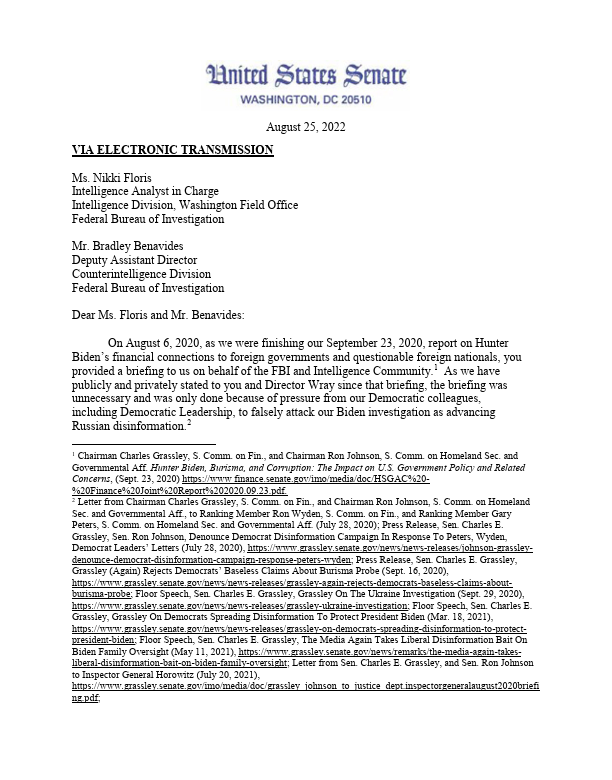 VinceCoglianese's tweet photo. These are the same two FBI officials who gave Sens. Grassley & Johnson an apparently fake "defensive briefing" in August of 2020 to cast their Hunter Biden investigation as advancing Russian disinformation.

Here's the letter the senators sent Floris & Benavides, demanding answers, in 2022.
