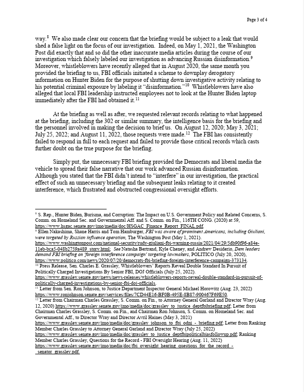 VinceCoglianese's tweet photo. These are the same two FBI officials who gave Sens. Grassley & Johnson an apparently fake "defensive briefing" in August of 2020 to cast their Hunter Biden investigation as advancing Russian disinformation.

Here's the letter the senators sent Floris & Benavides, demanding answers, in 2022.
