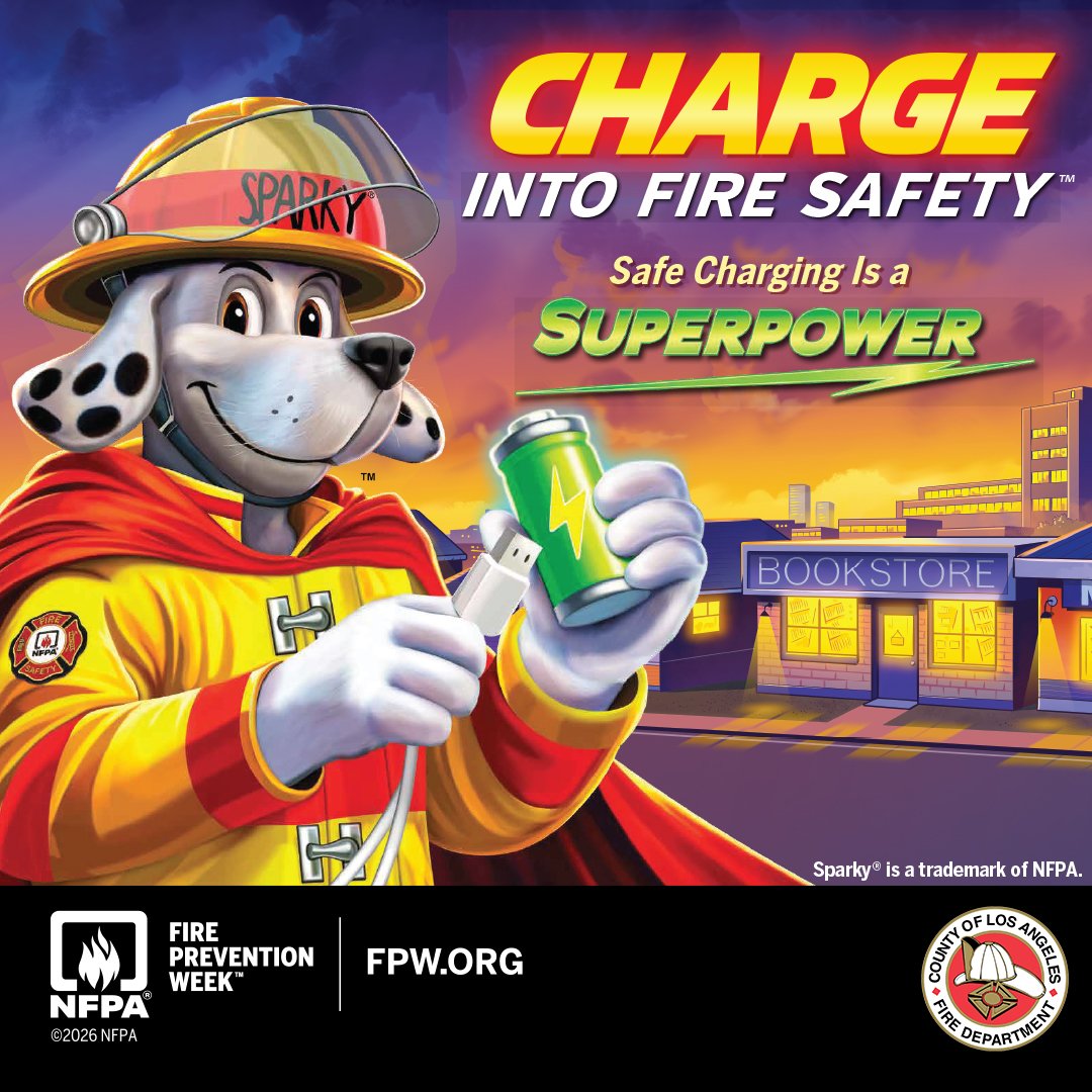 LACountyAD's tweet photo. This #FirePreventionMonth, #LACountyAD is joining @LACOFD to promote everyday actions that can help prevent lithium-ion battery fires.
▸Unplug after you're fully charged
▸Avoid cheap charging cords
▸Charge on a hard surface like a table.
More info: https://t.co/t0v0Dr4lTN https://t.co/BfIel7iwJu