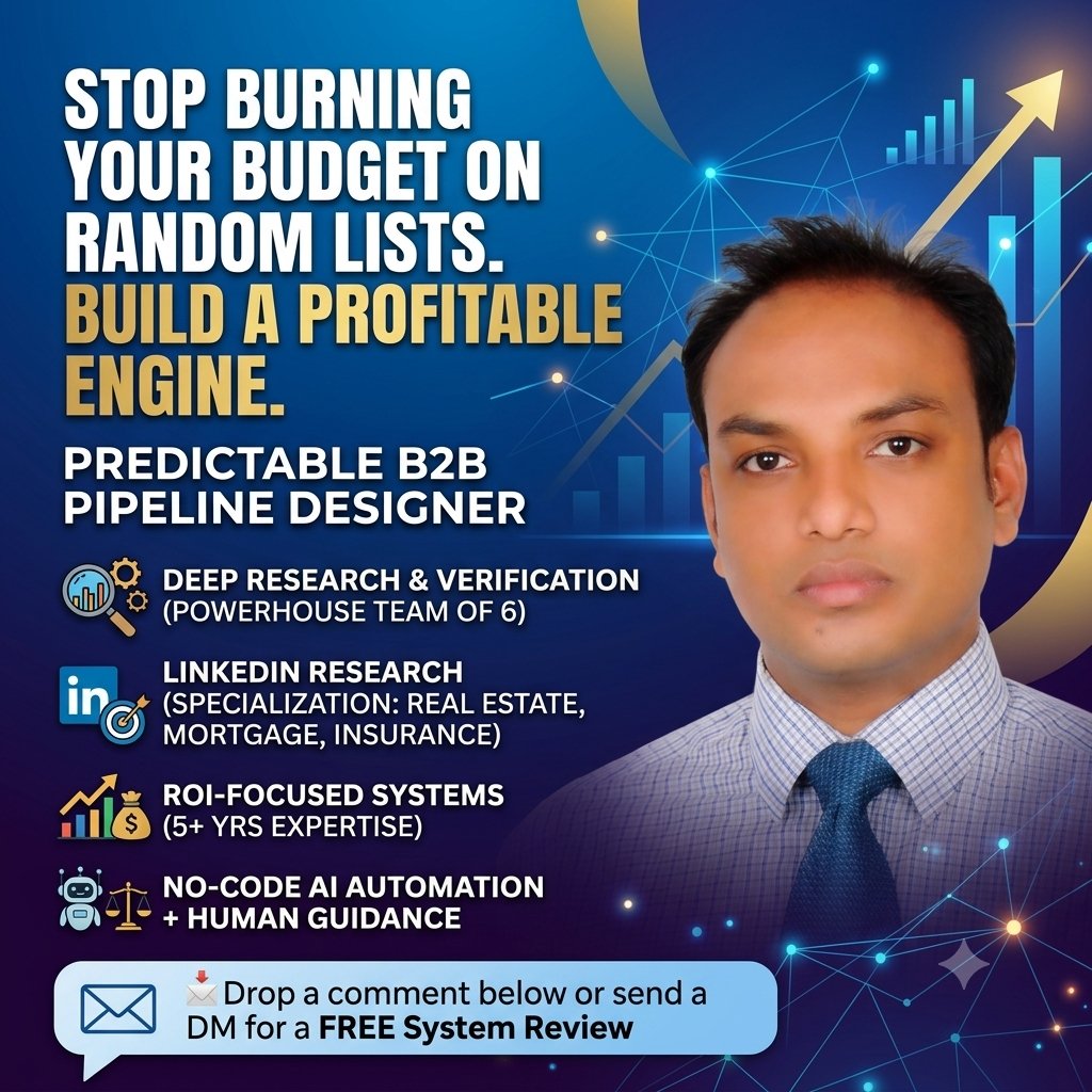 uzzal_1987's tweet photo. Most businesses don’t have a lead problem—they have a targeting problem. Random contacts ≠ real buyers.
As a Lead Strategist with 5+ Years’ Experience, I build ROI-focused B2B systems to target high-intent prospects across Real Estate, Mortgage, and Insurance. 👇(1/2)
#B2BSales https://t.co/W6joZvOjHT