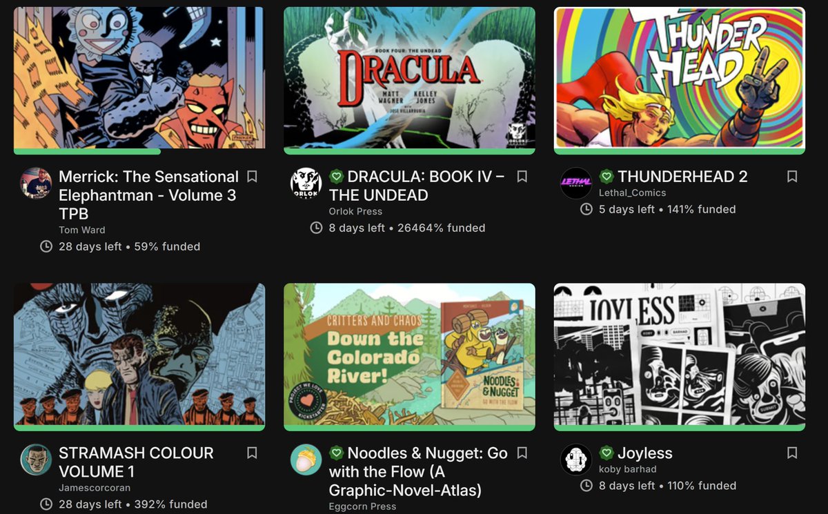 highbrowtrash's tweet photo. TFW your lil Kickstarter is sat next to the legends @MattWagnerComic &amp; @kelleyjonesart sat at over twenty six THOUSAND percent funded 😅

Merrick vol. 3 at 59% funded.

https://t.co/UhTIzjJKg9 https://t.co/FXLkCe5kZG