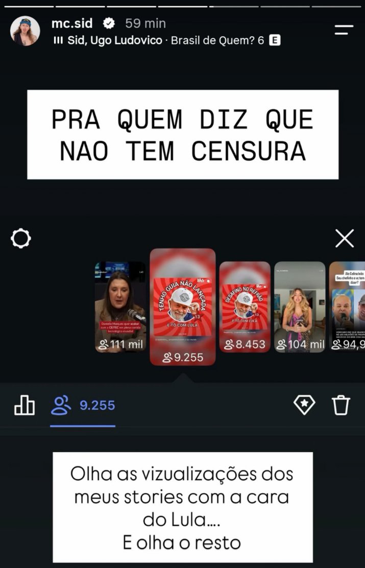 poptime's tweet photo. 🚨 URGENTE: MC Sid expõe CENSURA da Meta APENAS nos seus storys do Instagram com a foto do Lula. https://t.co/GPMCVBNZjG