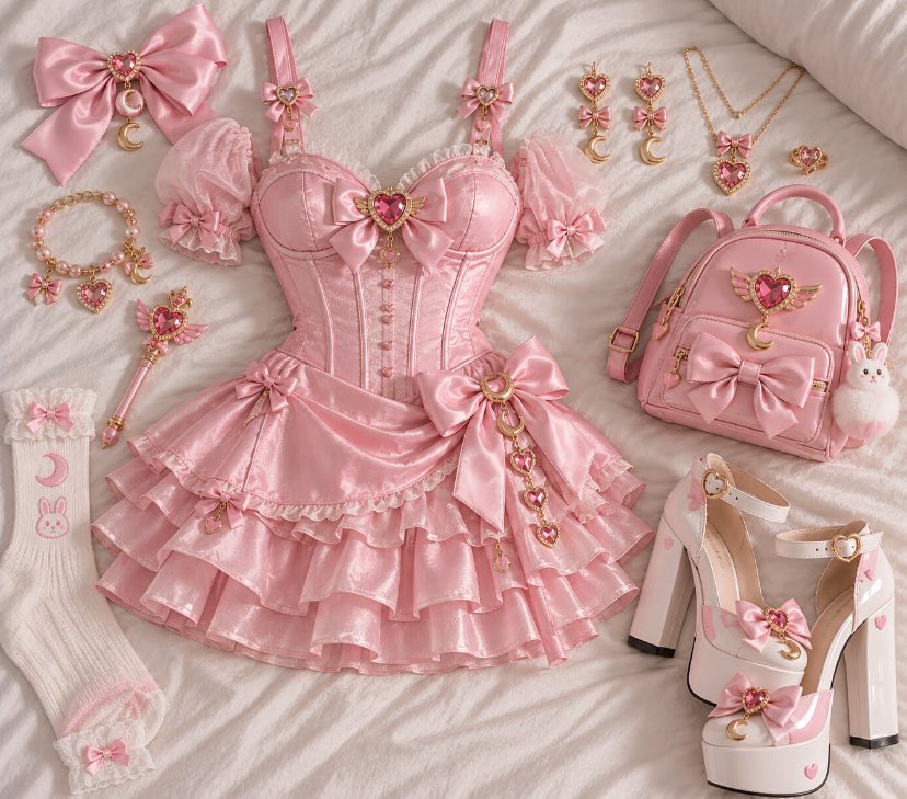 PinkPrivilege5's tweet photo. A pink frilly satin dress with bows, hearts, and ruffles, shown with matching accessories, socks, backpack, and platform heels. https://t.co/tKisaNaUig